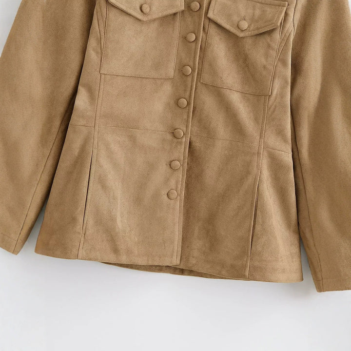 Damen Wildlederoptik Fieldjacke mit Stehkragen und Pattentaschen Drune
