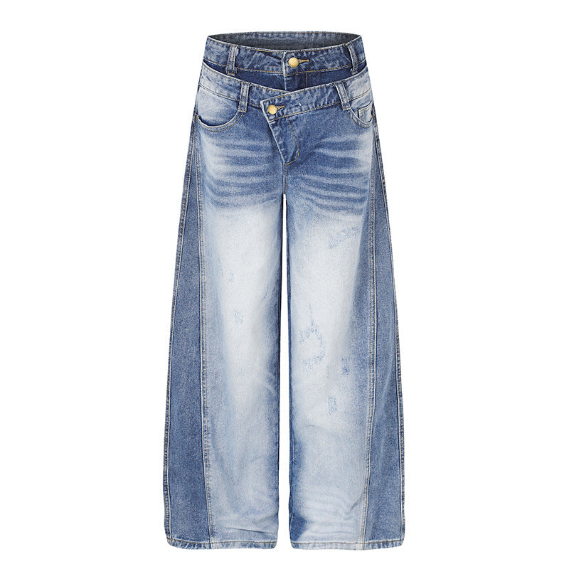 Damen Jeanshose mit weitem Culotte‑Schnitt, asymmetrischem Doppelbund und Kontrast-Seitenbahnen Drune