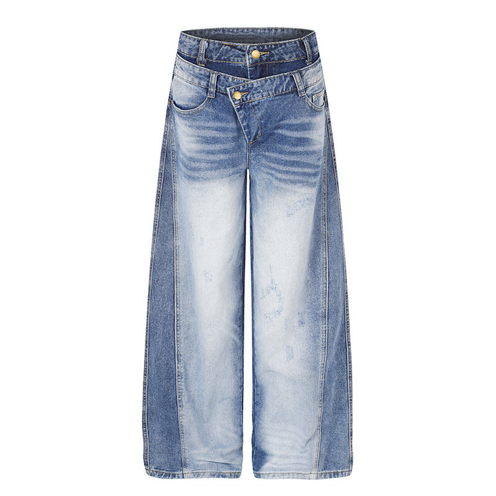 Damen Jeanshose mit weitem Culotte‑Schnitt, asymmetrischem Doppelbund und Kontrast-Seitenbahnen Drune