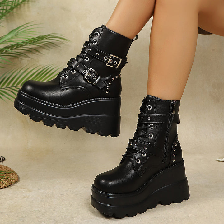 Damen Gepolsterte Plateau-Biker-Stiefeletten mit Schnallen und Nieten Drune