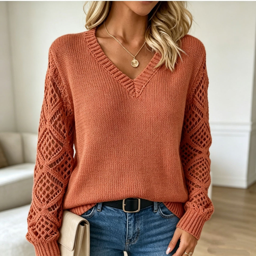 Damen Kuschelstrickpullover mit V‑Ausschnitt und Durchbruchärmeln Drune