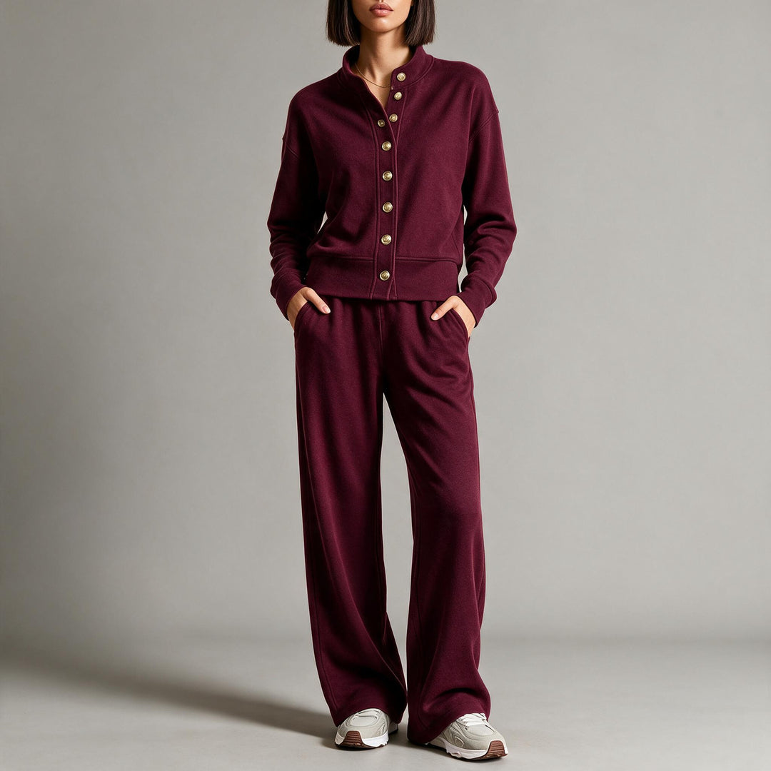 Damen Sweatjacke mit Druckknopfleiste, Stehkragen und weichem Lounge-Schnitt Drune