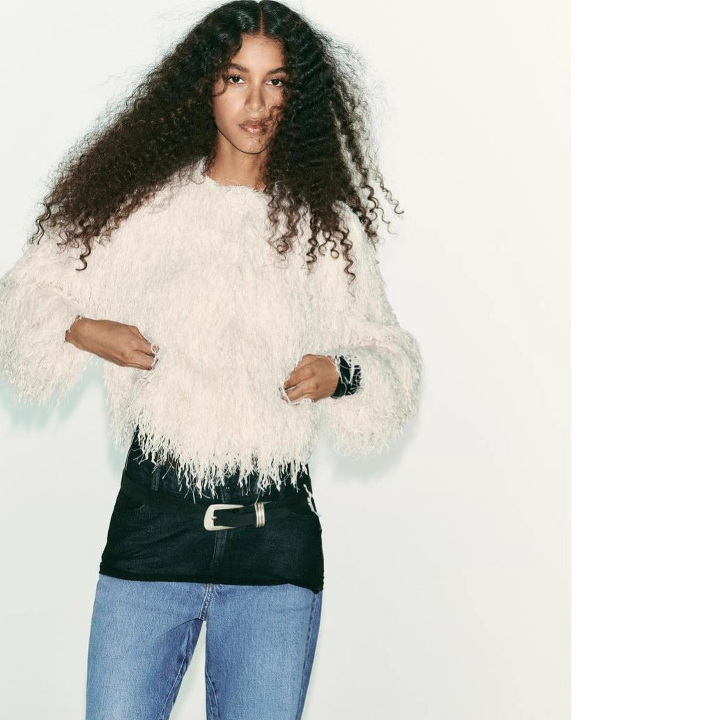 Damen Flauschiger Fransen-Pullover im Boxy-Cut Drune