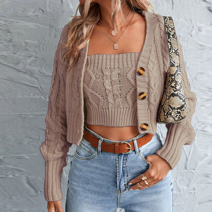 Damen lässiges Strick-Set mit offener Jacke und Crop-Top Drune
