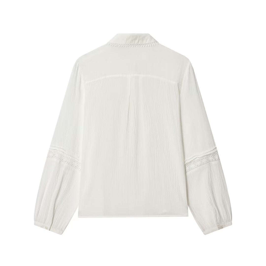Damen Bluse mit zarter Spitzenapplikation, verdeckter Knopfleiste und Ballonärmeln Drune