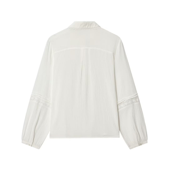 Damen Bluse mit zarter Spitzenapplikation, verdeckter Knopfleiste und Ballonärmeln Drune