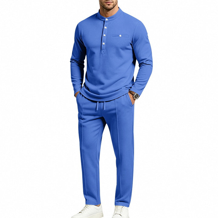 Herren Zweiteiliges Freizeitset mit Henley-Langarmshirt, Stehkragen und Komfort-Jogginghose Drune