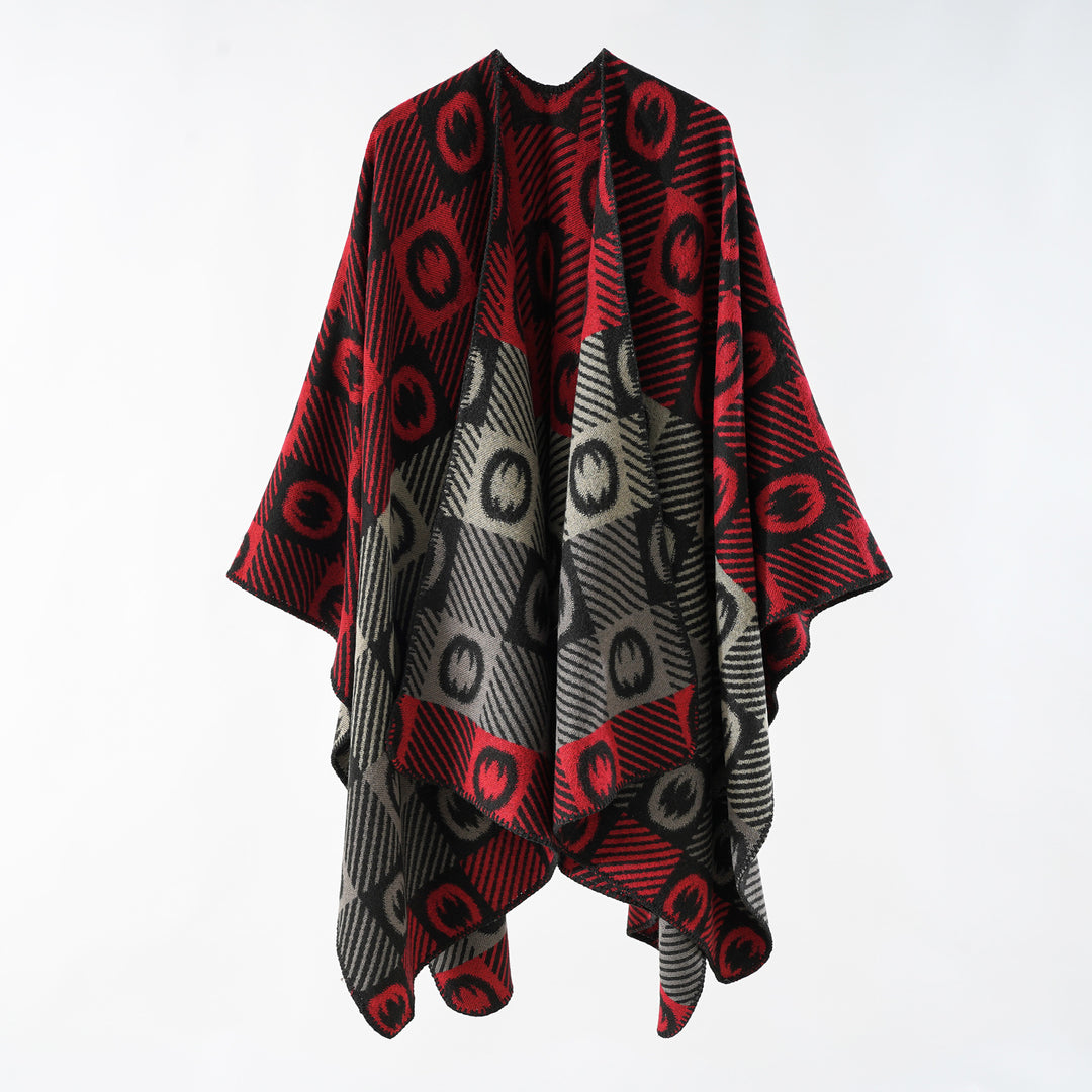 Damen Jacquard-Wickelponcho aus feinem Strick mit grafischem Kreis-Jacquard und offener Kimono-Silhouette Drune