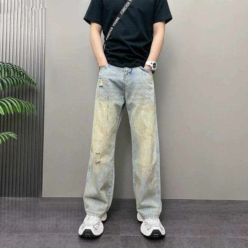 Herren Modische Baggy-Jeans mit kreativen Waschungen Drune