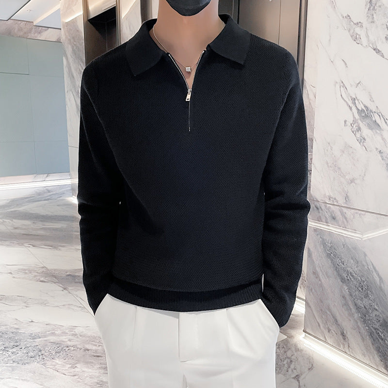 Herren Strukturierter Halbzip-Strickpolopullover mit Reißverschlusskragen Drune