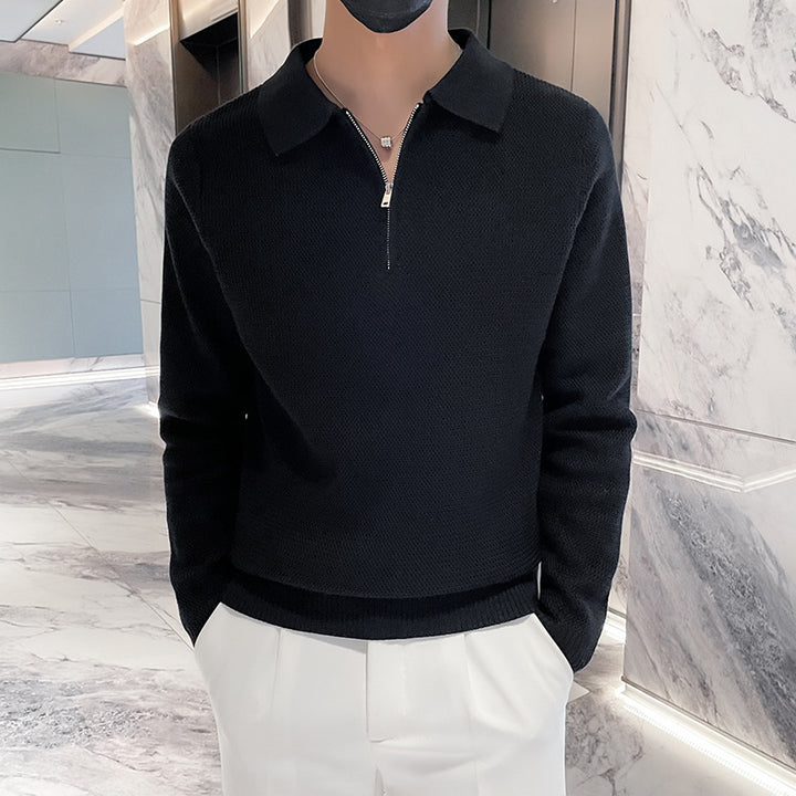 Herren Strukturierter Halbzip-Strickpolopullover mit Reißverschlusskragen Drune