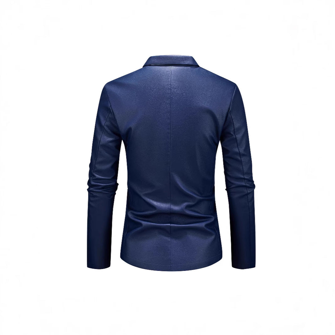 Herren Slim-Fit Ledersakko mit Ein-Knopf, klassischem Revers und Pattentaschen Drune