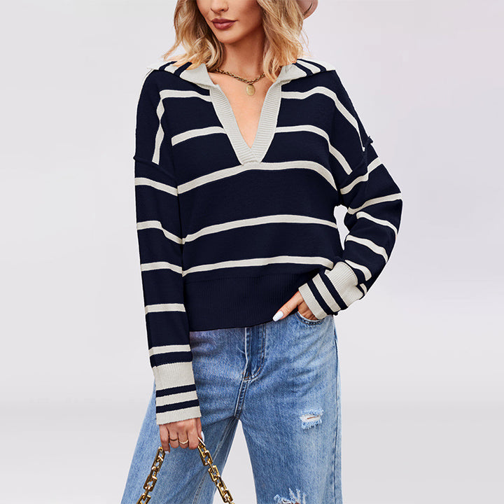 Damen lässiger Pullover mit V-Ausschnitt und breitem Streifenmuster Drune