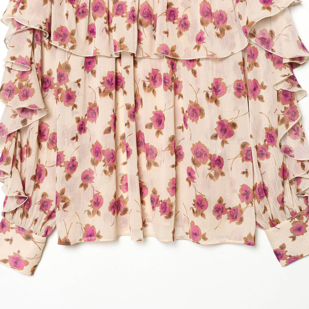 Damen nan zarte Volantbluse mit Stehkragen, mehrlagigen Rüschenstufen und floralem Chiffon Drune