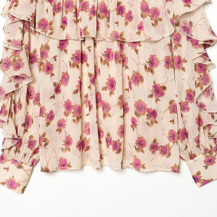 Damen nan zarte Volantbluse mit Stehkragen, mehrlagigen Rüschenstufen und floralem Chiffon Drune