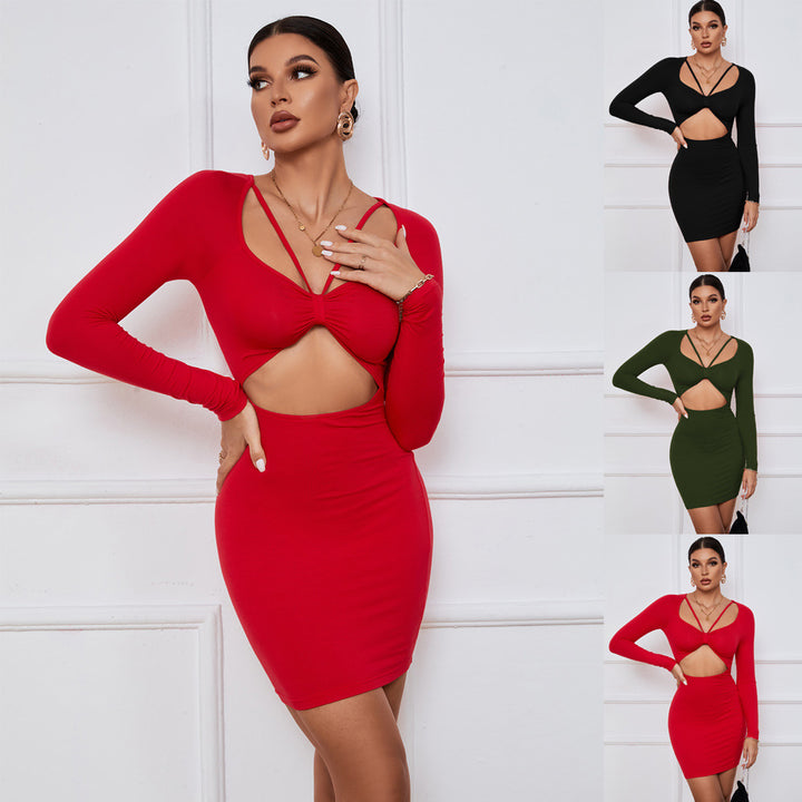 Damen figurbetontes Cut-Out Minikleid mit langen Ärmeln und sexy Knoten-Detail Drune