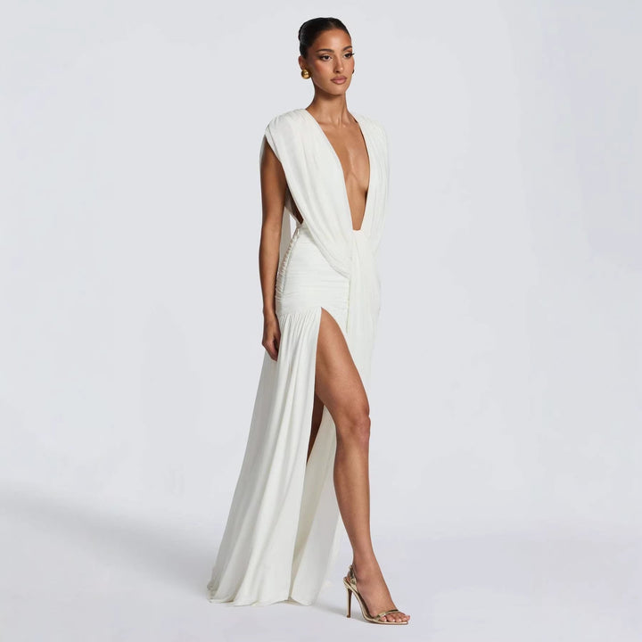 Damen Elegantes Wickelkleid mit tiefem V-Ausschnitt und gerafftem Rock Drune