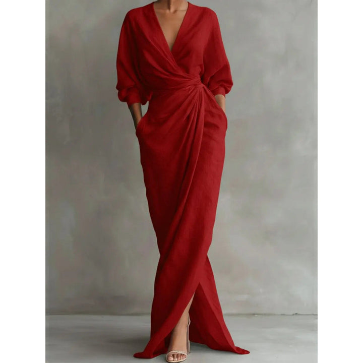 Damen Drapiertes Wickel-Maxikleid mit tiefem V-Ausschnitt, Taillen-Twist und Eingrifftaschen Drune