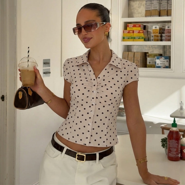Damen Polka-Dots Bluse mit raffiniertem Knopfdesign Drune