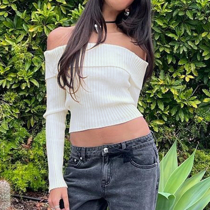 Damen Schulterfreies Rippstrick-Cropped-Top mit taillierter Passform und langen Ärmeln Drune