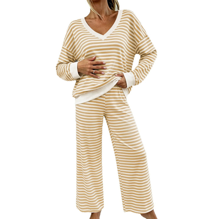 Damen Maritimes Zweiteiler mit V-Ausschnitt, Oversize-Pullover und Palazzo‑Hose Drune
