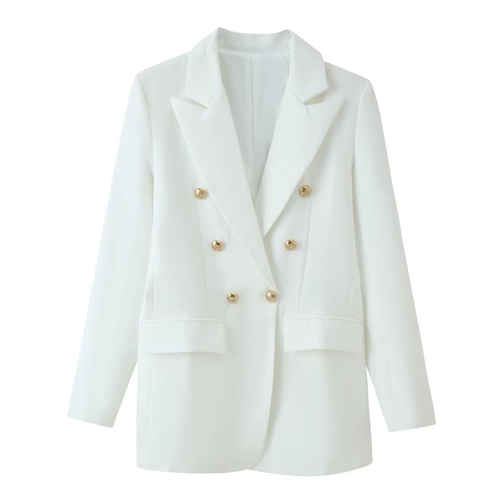 Damen Longline-Doppelreiher Blazer mit markanten Revers und goldenen Zierknöpfen Drune