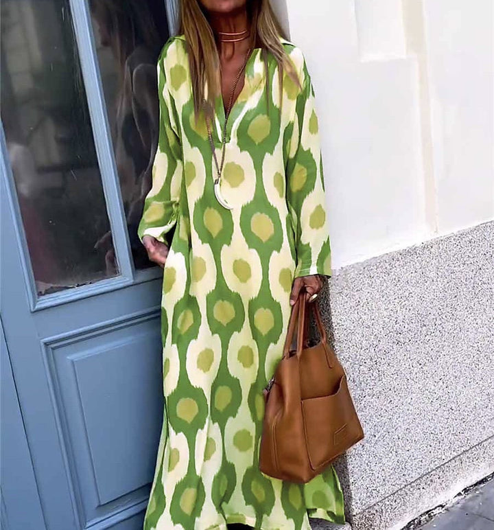 Damen Langes Boho-Maxikleid mit V-Ausschnitt, lockerem Schnitt und auffälligem Allover-Print Drune