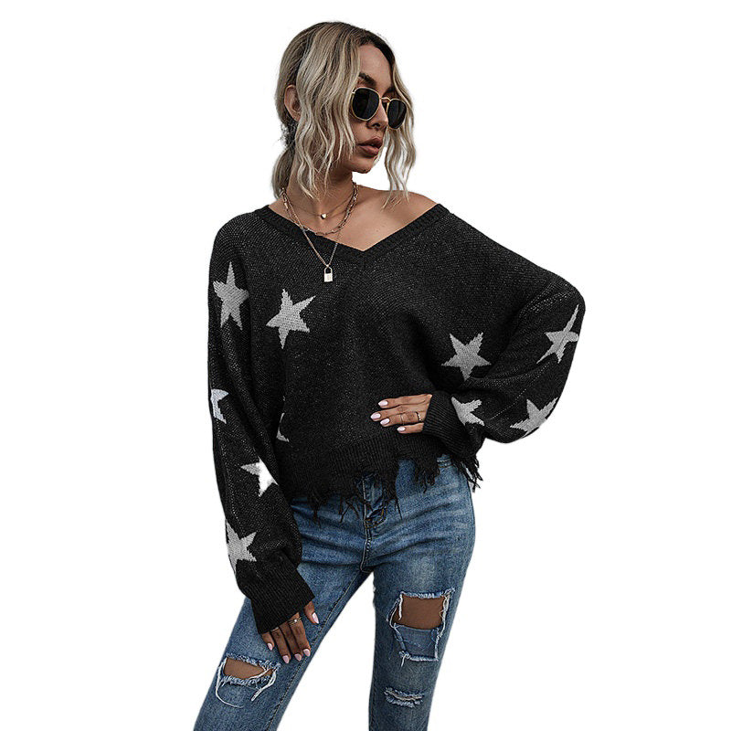 Damen Lässiger Oversized Pullover mit Sternen Drune