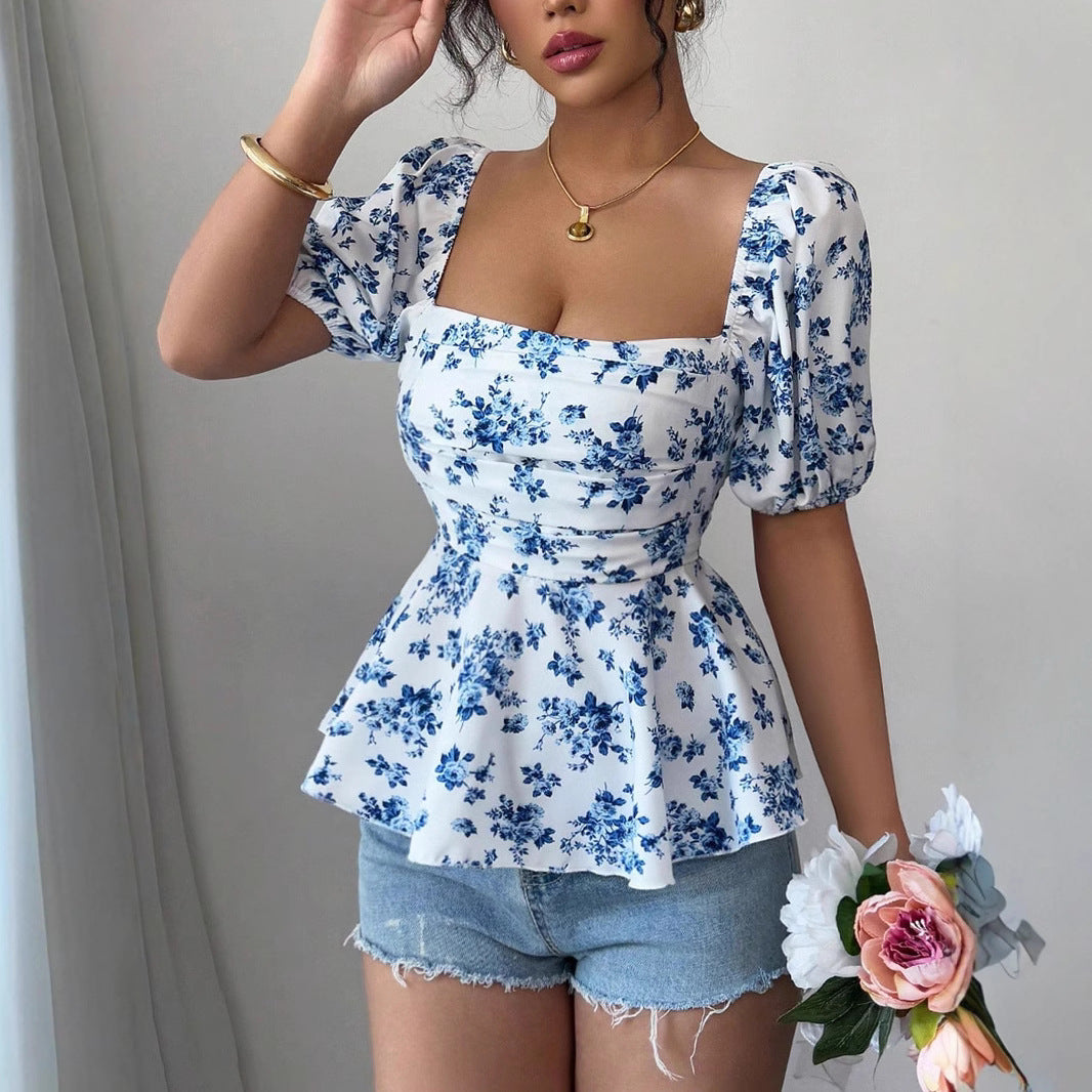 Damen Raffiniertes Oberteil mit Puffärmeln und floralem Design Drune