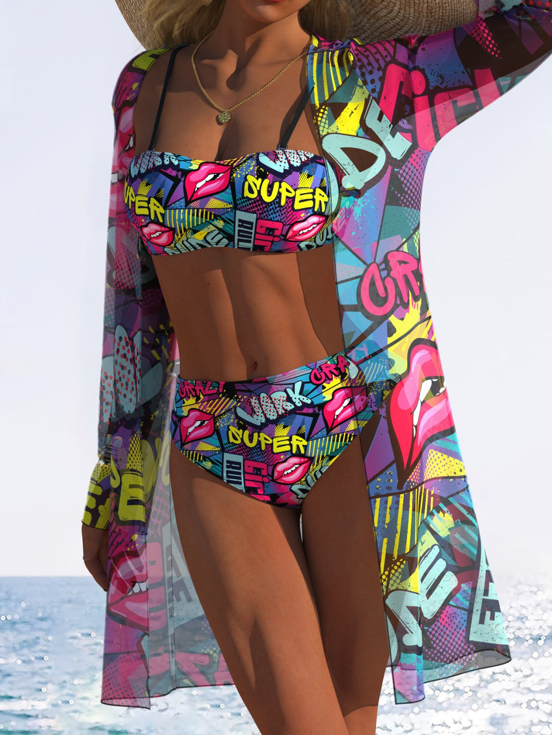 Damen Bikini-Set mit floralem Design und transparenter Strandjacke Drune