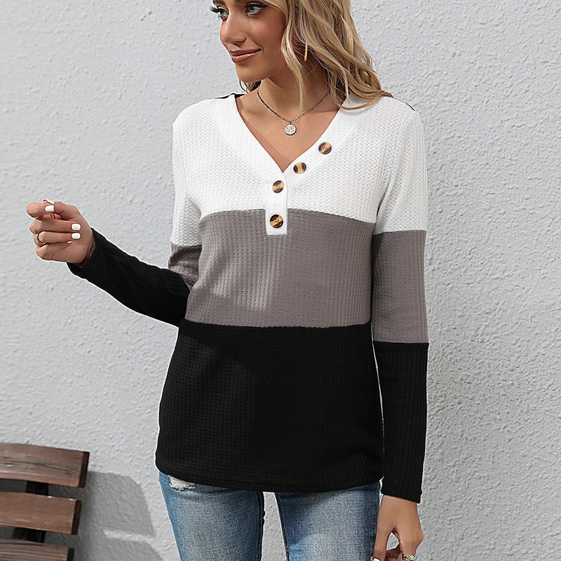 Damen Waffelstrick-Longsleeve mit V-Ausschnitt und Henley-Knopfleiste Drune