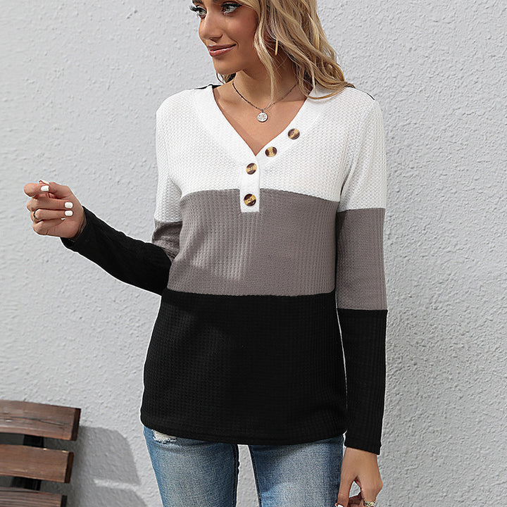 Damen Waffelstrick-Longsleeve mit V-Ausschnitt und Henley-Knopfleiste Drune