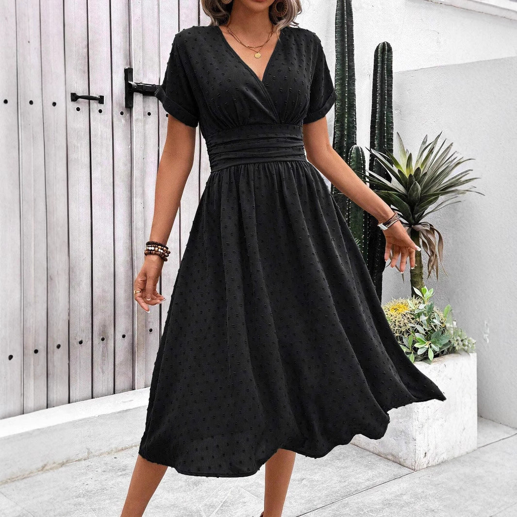 Damen midi Kleid mit gerafftem Oberteil und V-Ausschnitt Drune
