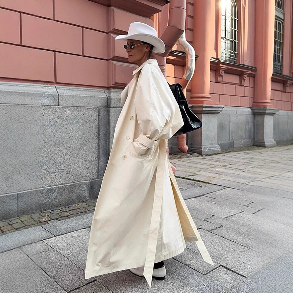 Damen Maxilanger taillierter Trenchcoat aus leichter Baumwollmischung mit Bindegürtel Drune