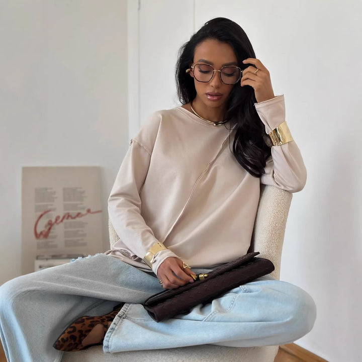 Damen Oversized Longsleeve mit schräger Naht und überschnittenen Schultern Drune