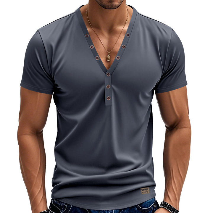 Herren nan tailliertes Kurzarm-Henleyshirt aus Baumwoll-Elasthan mit tiefem V-Ausschnitt und dekorativer Knopfleiste Drune