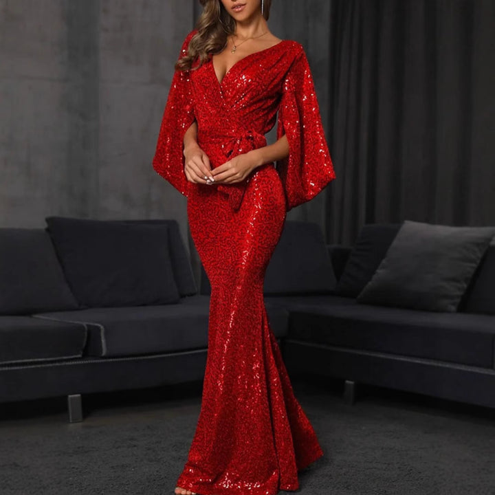 Damen Elegantes Abendkleid mit Pailletten und tiefem V-Ausschnitt Drune