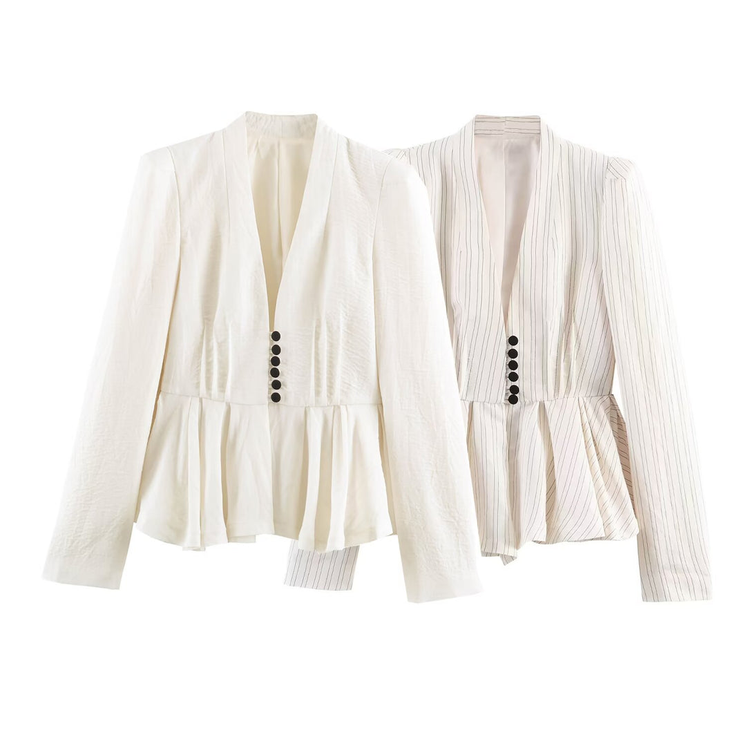 Damen Taillierte Blazerjacke mit tiefem V-Ausschnitt, Schößchen und Zierknopfleiste Drune