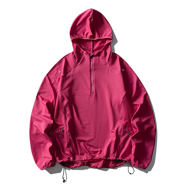Unisex Leichter Oversize Kapuzenpullover mit Halbzip, gesteppte Einsätze und Tunnelzug Drune