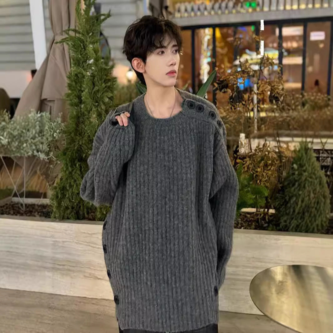 Herren Grobgestrickter Oversize-Pullover mit Rundhalsausschnitt und Schulterknopfleiste Drune