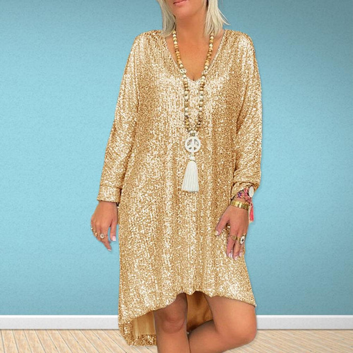 Damen Glitzerndes Oversized Kleid mit V-Ausschnitt und langen Ärmeln Drune