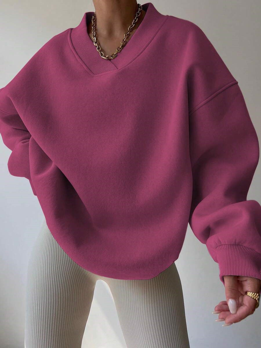 Damen Oversized V-Ausschnitt Sweatshirt mit verstärktem Rippkragen und extraweitem Cut Drune