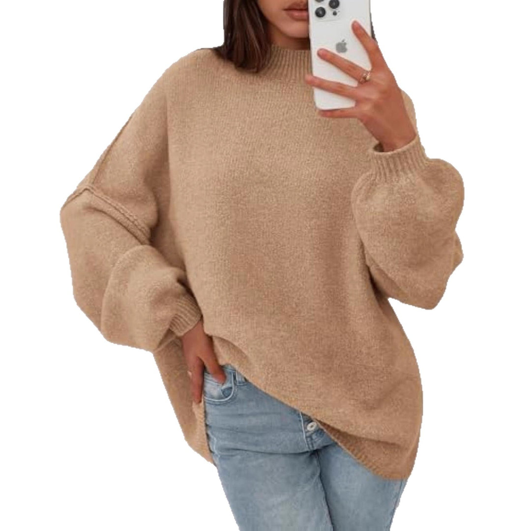 Damen Oversize-Strickpullover mit Stehkragen und Ballonärmeln Drune