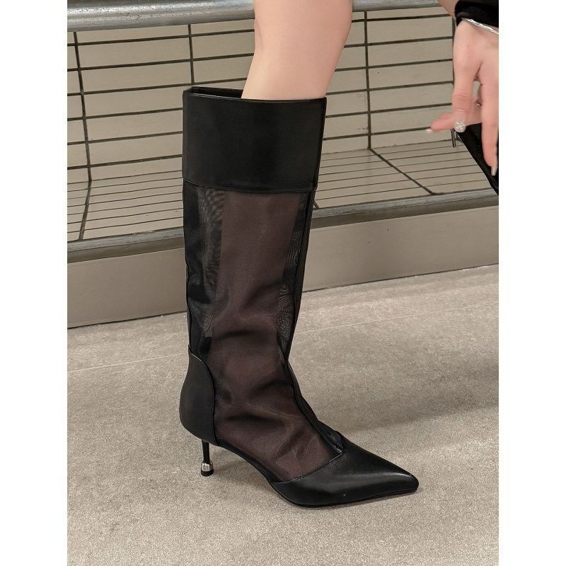 Damen Kniehohe Mesh-Stiefel mit spitzer Zehenpartie und sculpted Metall-Absatz Drune