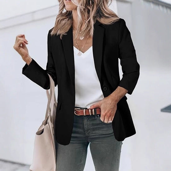 Damen Leichter Stretch-Blazer mit Schalkragen, Ein-Knopf-Verschluss und dreiviertelärmeln Drune