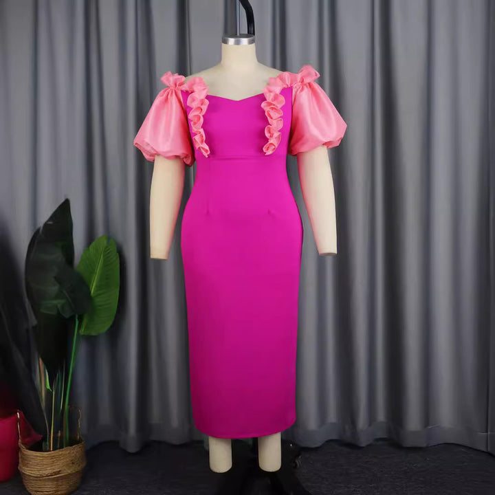 Damen figurbetontes Abendkleid mit voluminösen Rüschenärmeln Drune