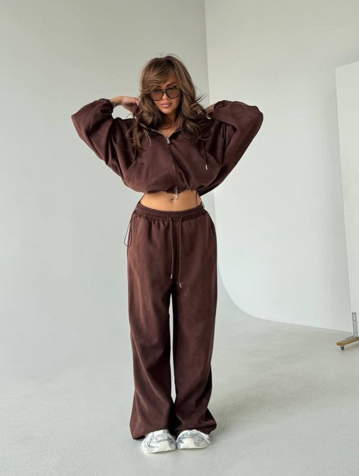 Damen Velours-Cropped-Kapuzenjacke mit Ballonärmeln und weiter Palazzo-Sweathose Drune