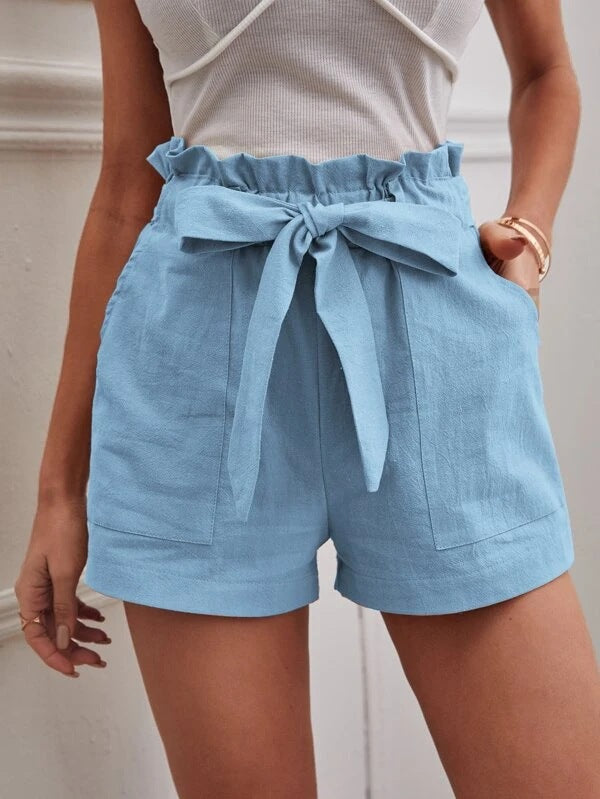 Damen Leichte Shorts mit dekorativem Bindegürtel und elastischem Bund Drune