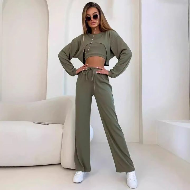 Damen Ripp-Lounge-Set mit Cut-Out Croptop, Oversize Cropped Pullover und High-Waist Jogginghose Drune