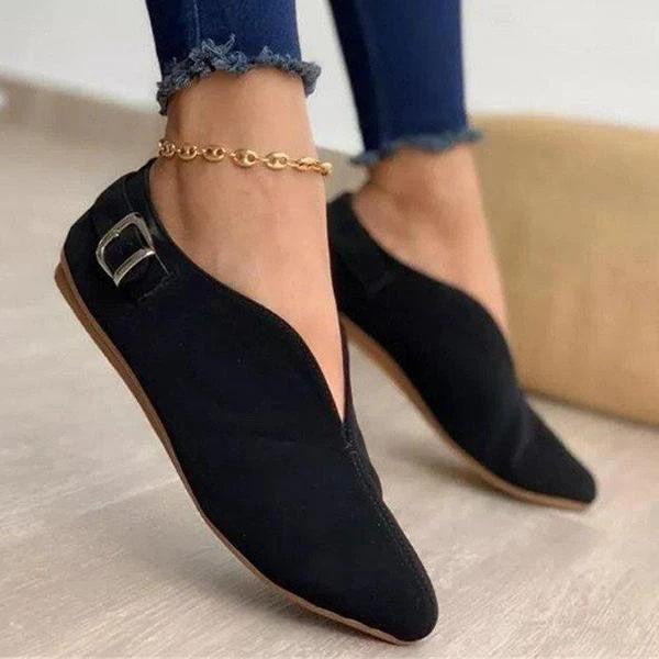 Damen Flache Slipper-Ballerina mit spitz zulaufender Vorderkappe, V‑Ausschnitt und Zierschnalle Drune